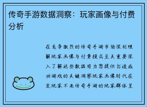 传奇手游数据洞察：玩家画像与付费分析